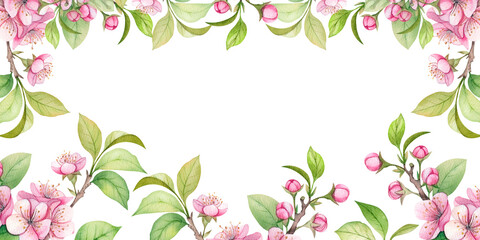 Watercolor spring frame with cherry, apple or plum blossoms. Beautiful spring frame for banners, packaging and other things. Vintage floral postcard. White and pink apple, cherry flowers