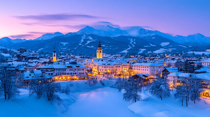 Kitzbühel Innenstadt mit Weihnachtsbeleuchtung und Kirchturm
