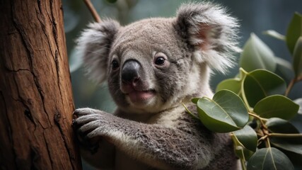 Fototapeta premium A close-up of a koala perched on a tree branch surrounded by leaves.