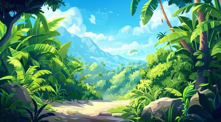 A lush green jungle with a dirt path leading into the distance, mountains in the background and a bright blue sky.