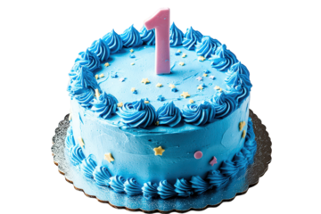 round cake decorated with blue frosting. topped with a pink number one candle and surrounded by colorful star sprinkles this cake is likely intended for a first birthday celebration. symbolizing a joy