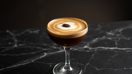 Espresso with frothy layers and a coffee bean sits on a black marble countertop.