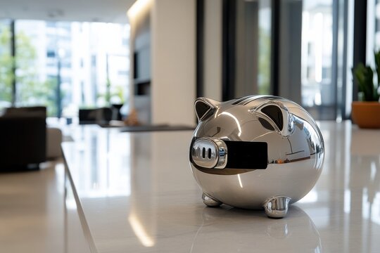 A shiny piggy bank sitting on a stylish table, symbolizing savings and financial goals within a modern interior, enhancing the theme of personal finance management and aspiration.