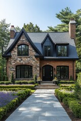 Beautiful modern minimalist house designed with stone and brick elements surrounded by lush greenery, showcasing elegant architecture in a serene residential neighborhood