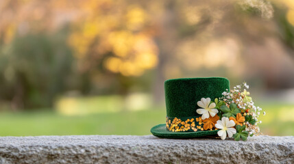 A green hat with shamrocks on it is sitting on a stone wall
