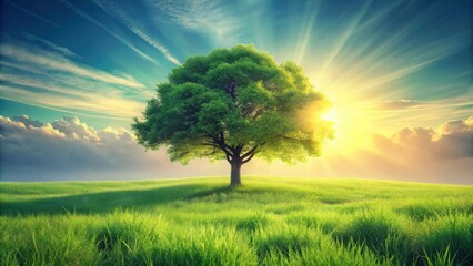 Fototapeta premium Serene landscape featuring a solitary tree bathed in the golden rays of a vibrant sunset over a lush green field
