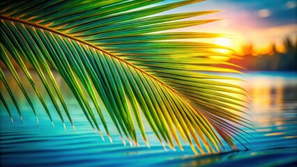 Tropical Palm Frond Over Calm Water at Sunset