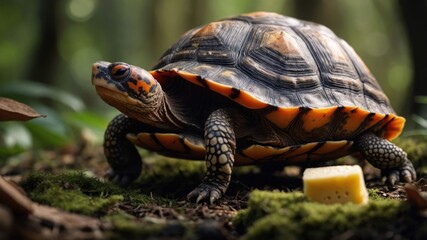Obraz premium A close-up of a turtle on mossy ground with a piece of cheese nearby.