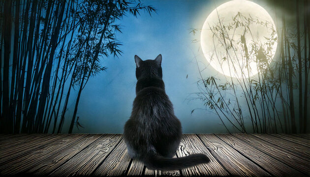chat noir  de dos assis et contemplant le paysage