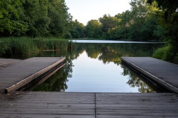 A peaceful lake surrounded by lush greenery reflects the vibrant trees and sky, creating a serene atmosphere perfect for relaxation and contemplation.
