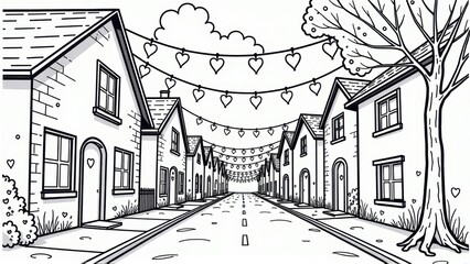 Fototapeta premium Charming Black and White Street Scene with Heart Decorations