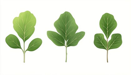 Fototapeta premium Three distinct green leaves showcasing varying shapes and sizes against a clean background