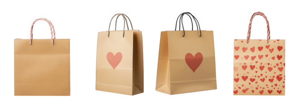 four paper shopping bags. each with a different design the first bag is plain. the second has a heart graphic. the third is similar but with a black handle. and the fourth is decorated with a pattern