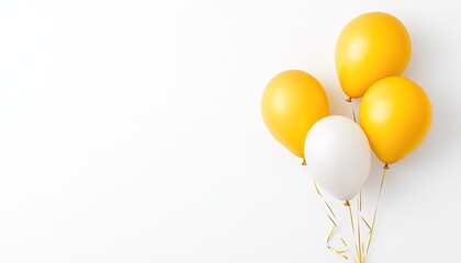A cluster of yellow and white balloons floating against a clean white background, ideal for celebrations