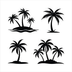 Palm trees silhouettes, black and white, minimalist design, vector graphics, coastal scenery, beach icons, paradise symbols, simple shapes, isolated elements