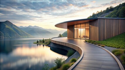Obraz premium Serene Lakeside Residence with Curving Deck and Panoramic Mountain Views at Sunset