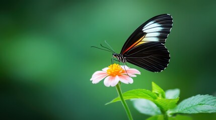 Fototapeta premium A beautifully colorful butterfly is gracefully perched on a vivid flower, surrounded by the lush greenery of a vibrant garden under the bright daylight