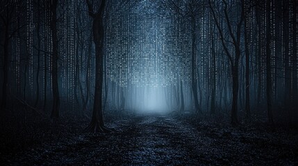 Digital rain in dark forest path. Mystical night scene. Website banner