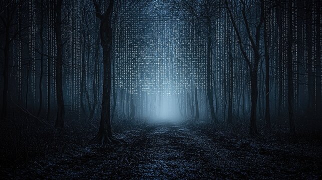Digital rain in dark forest path. Mystical night scene. Website banner
