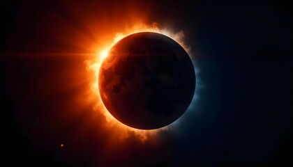 Solar eclipse with a darkened moon partially covering the sun, creating radiant rays from the edges