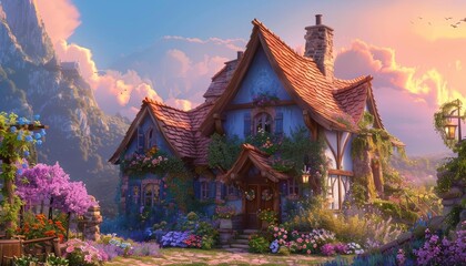 Obraz premium A charming cottage nestled amidst a picturesque landscape, with vibrant flowers blooming and a warm sunset sky.