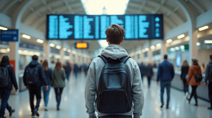 Train station atmosphere featuring digital schedules, contemporary architecture, and travelers in motion captured in dynamic detail