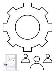 Gear symbol with three user figures, a mobile device showing a Bitcoin transaction and line graph. Ideal for teamwork, technology, cryptocurrency, finance, collaboration, digital systems, abstract