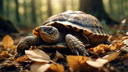 Naklejka premium A close-up of a turtle resting among autumn leaves in a forest.