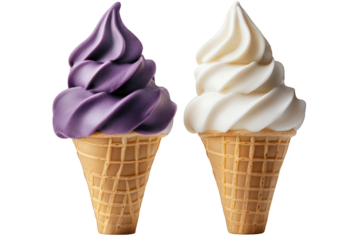 two ice cream cones. one topped with purple swirled soft serve and the other with white swirled soft serve. both presented against a plain background the cones are traditional waffle style. emphasizin