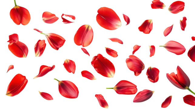 an arrangement of vibrant red tulip petals scattered on a clean. white background. emphasizing their delicate texture and rich color this composition could be used for floral designs. romantic themes.