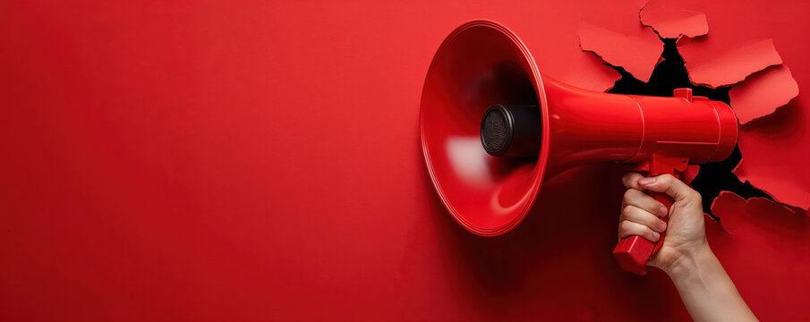 Hand holding red megaphone breaking through red background