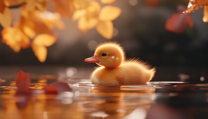 Cute Duckling Swims in Autumn