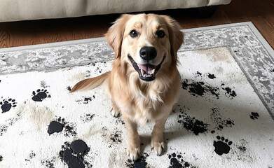 Golden retriever sitting on muddy rug with paw prints
