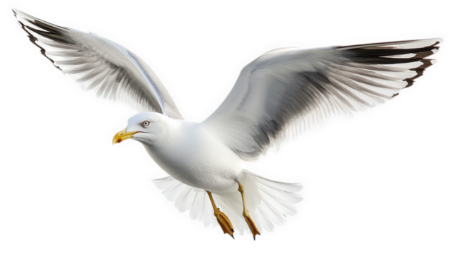a seagull in mid-flight. showcasing its wings spread wide and feathers detailed against a white background the bird's sharp gaze and distinctive beak highlight its natural beauty. emphasizing its role