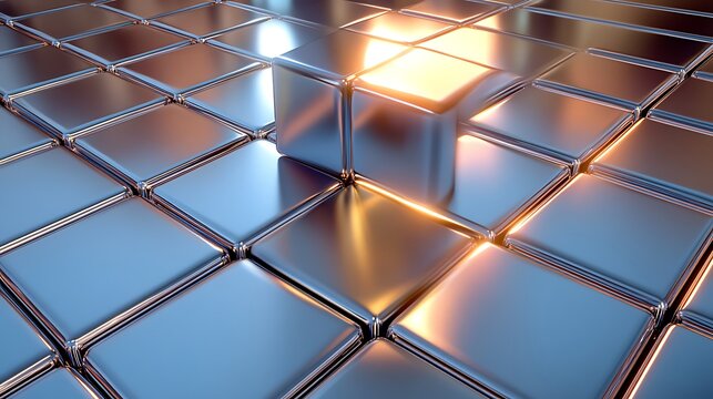 Metallic Cubes Abstract: A mesmerizing grid of gleaming metallic cubes bathed in warm, golden light. One cube stands out, catching the light with a reflective surface. - Powered by Adobe
