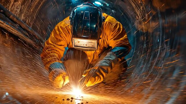 Welding Sparks: A close-up shot of a welder at work, sparks flying as they expertly weld metal within a confined space. The scene is dramatic, showcasing intense focus and precision. 