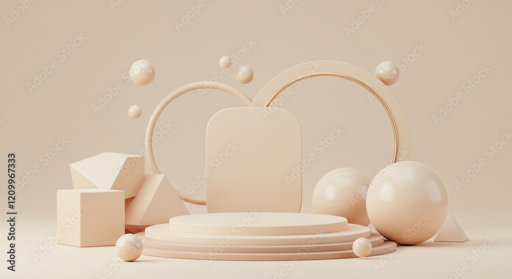 Poster minimal 3d-rendered abstract background with beige geometric shapes on a beige backdrop, designed fo