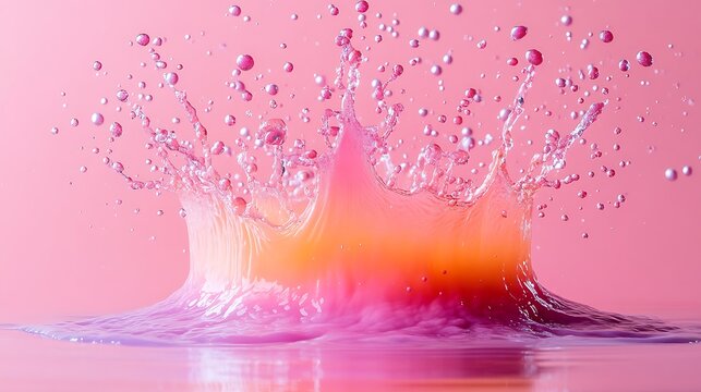 Pastel Water Crown: A vibrant splash of pink and orange liquid creates a stunning crown-like shape, its droplets suspended mid-air against a soft pink background. - Powered by Adobe