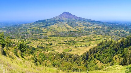 Obraz premium Volcanic landscape panorama, tropical valley, distant peak, clear sky, travel poster
