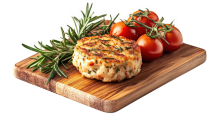 beautifully presented dish consisting of a golden-brown patty. likely a seafood or vegetable cake. accompanied by fresh cherry tomatoes on the vine and sprigs of rosemary. all arranged on a wooden cut