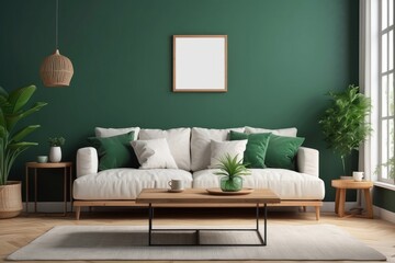 composition of stylish living room interior, blank poster frame, modular sofa, wooden coffee table
