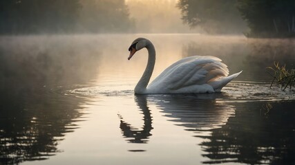 Fototapeta premium A serene swan glides across a misty lake at dawn, reflecting nature's tranquility.