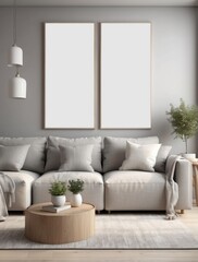 Creative composition of stylish modern spacious living room with blank poster frame, Greige sofa