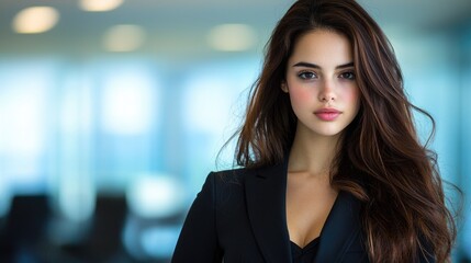 Fototapeta premium Confident young businesswoman in a black blazer standing in a modern office with a blurred background.