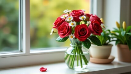 Red Roses and Daisies in Glass Vase on Window Sill