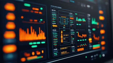 Fototapeta premium Cybersecurity Threat Hunting Incident Response concept. Futuristic Digital Threat Detection Dashboard with Vibrant Data Visualization Metrics