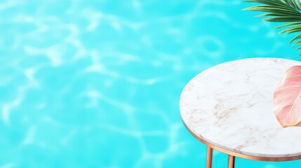 Obraz premium Elegant rose gold marble table set against a serene blue pool, creating a luxurious and tranquil atmosphere perfect for relaxation and enjoyment