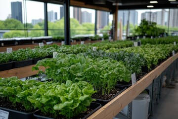 A lush array of green plants in a hydroponic setup fills the foreground, showcasing a vibrant indoor nursery with ample natural light and a sense of vitality and health.
