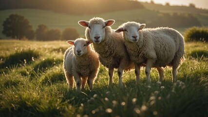 Fototapeta premium Three sheep standing together in a sunlit grassy field during golden hour.