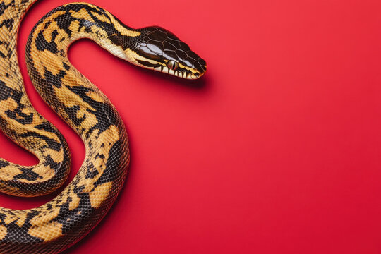 Colorful python snake on vibrant red background displaying stunning patterns